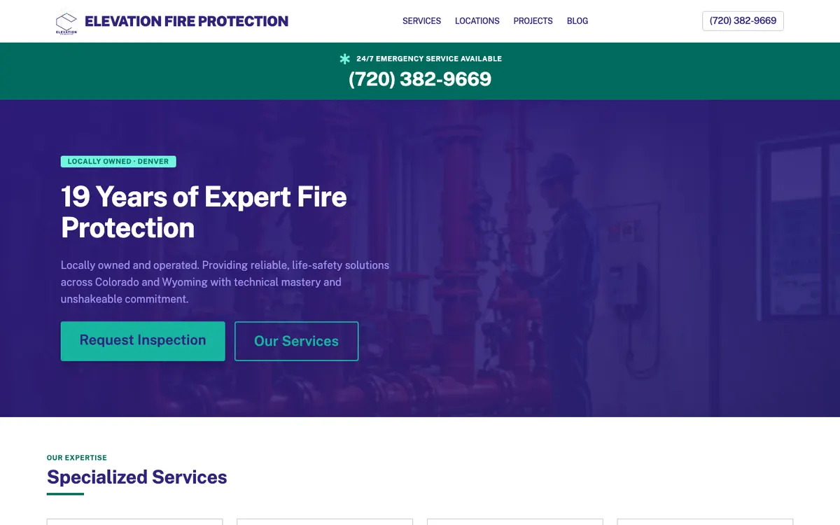 Elevation Fire Protection home page on a desktop screen